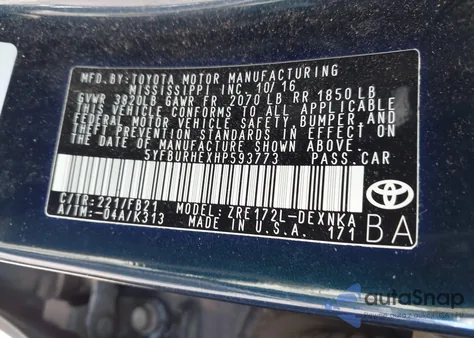 2017 Toyota Corolla Le из США, поврежденный, VIN 5YFBURHEXHP593773